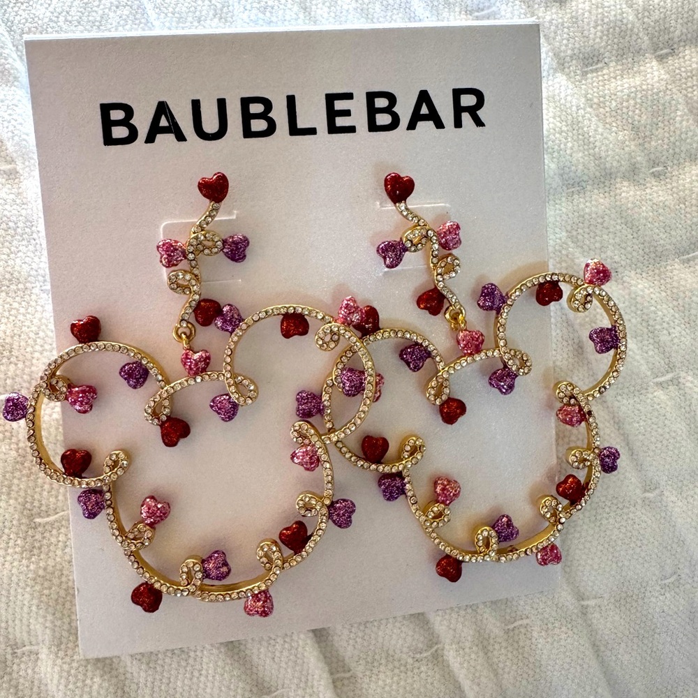 Elegant BaubleBar Disney Mickey Gold & Purple Heart Earrings w Rhinestones